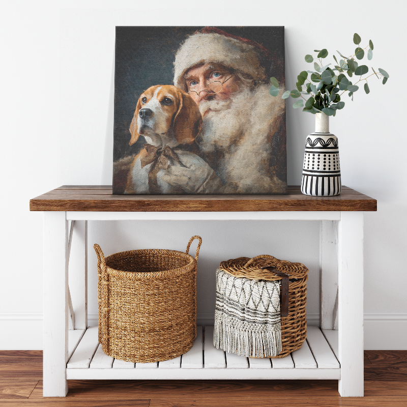 vintage santa painting with beagle | Santa Art
