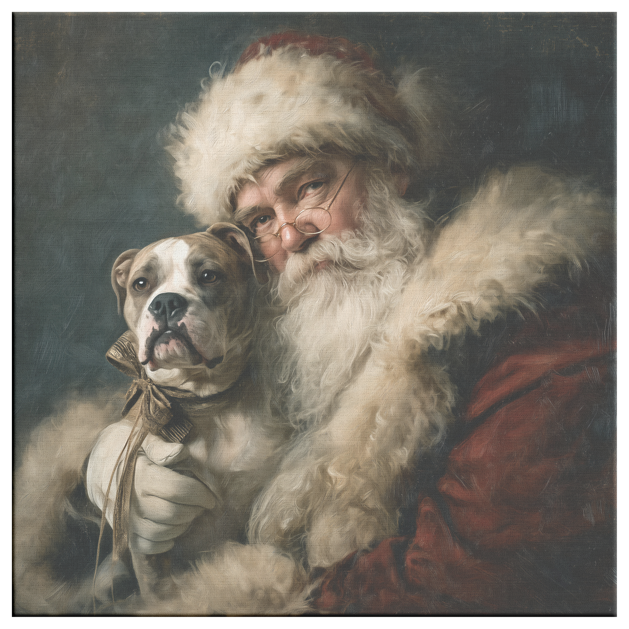Vintage Santa holding a Pitbull—canvas portrait