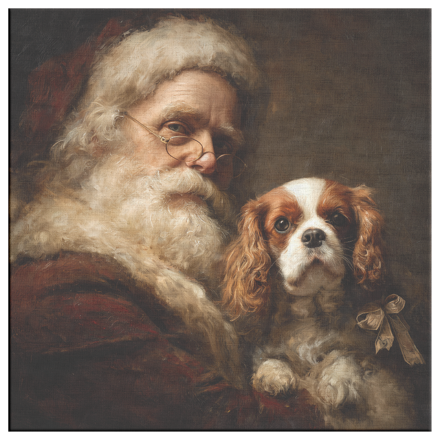vintage santa with a cavalier king charles dog portait
