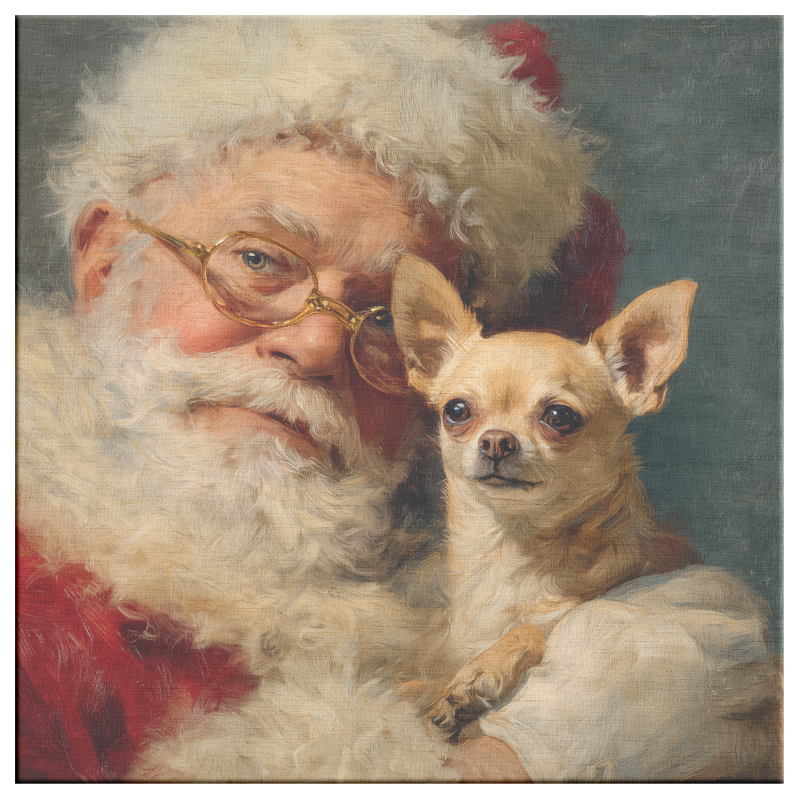 Vintage Santa holding a Chihuahua—canvas portrait