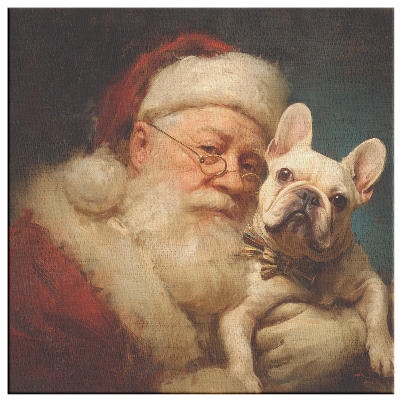Santa with French Bulldog, classic santa art