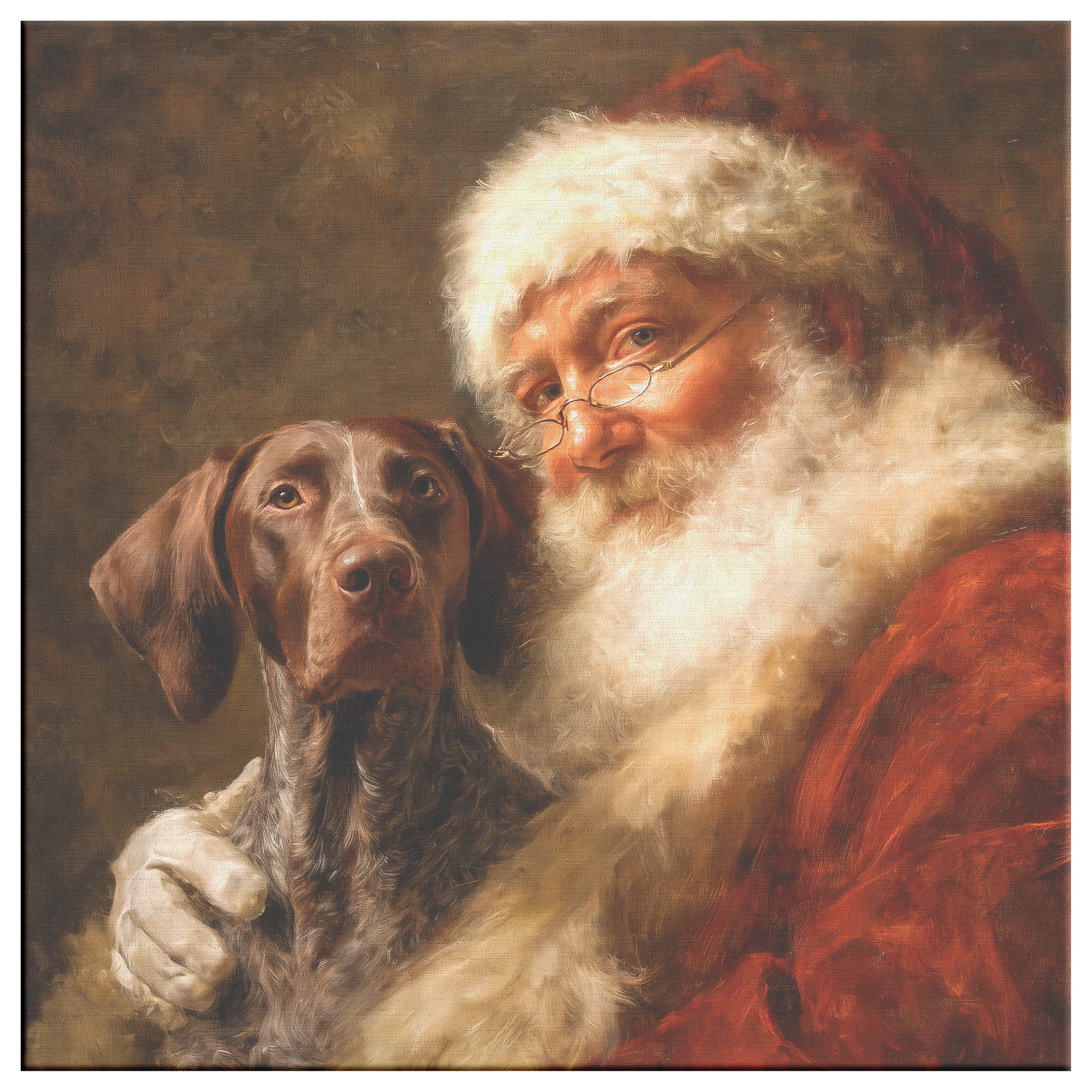 Vintage Santa holding a German Shorthaired Pointer—canvas portrait