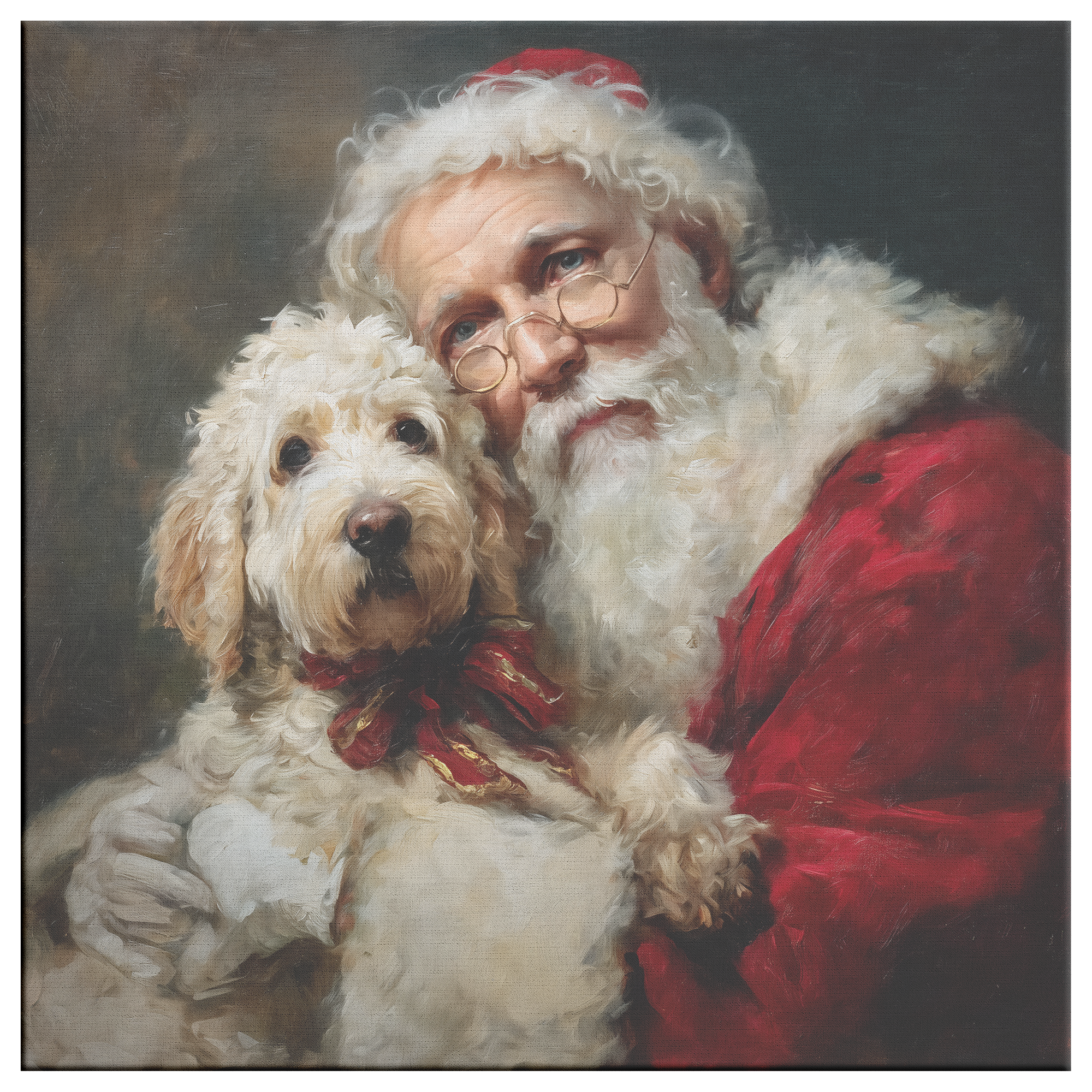 Vintage style portrait—Santa holding a Goldendoodle canvas