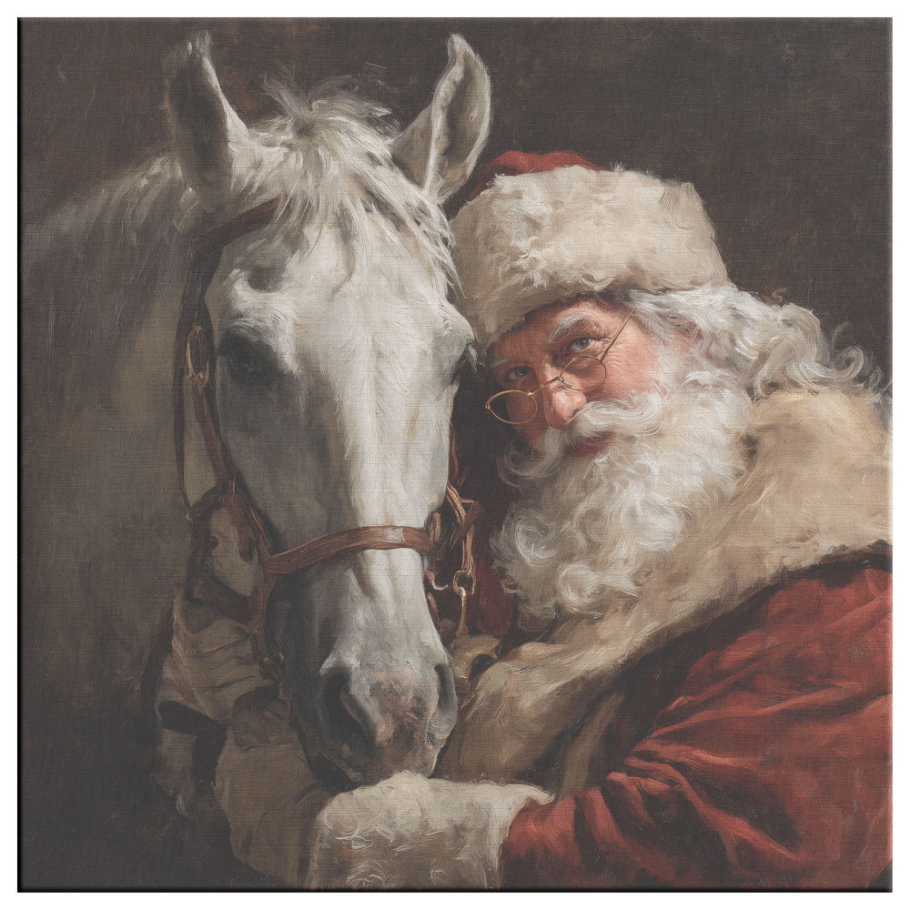 Vintage Santa with White Horse—classic canvas portrait