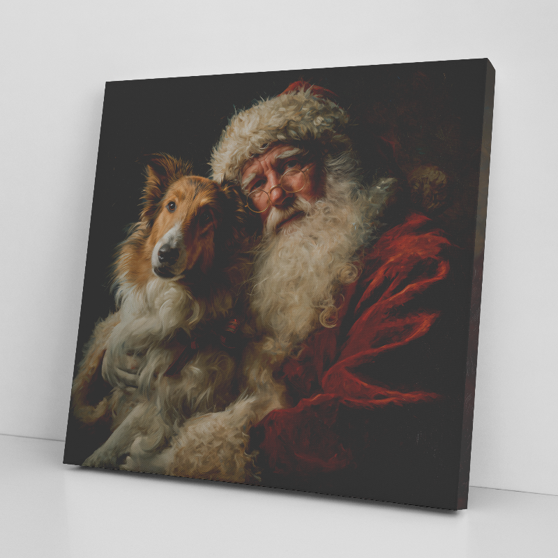 vintage santa with pet collie portrait.