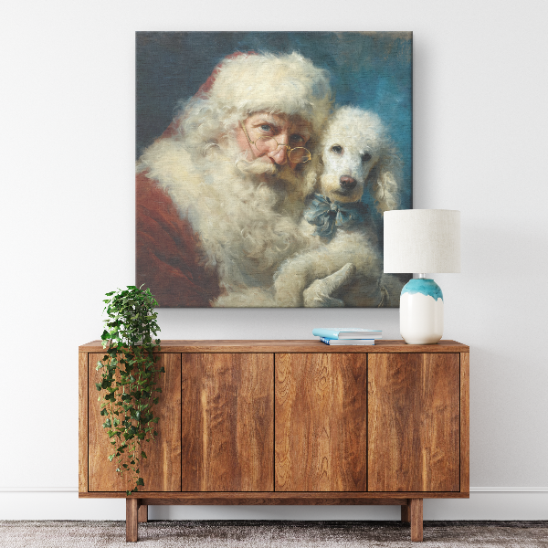 vintage santa with poodle canvas christmas art print