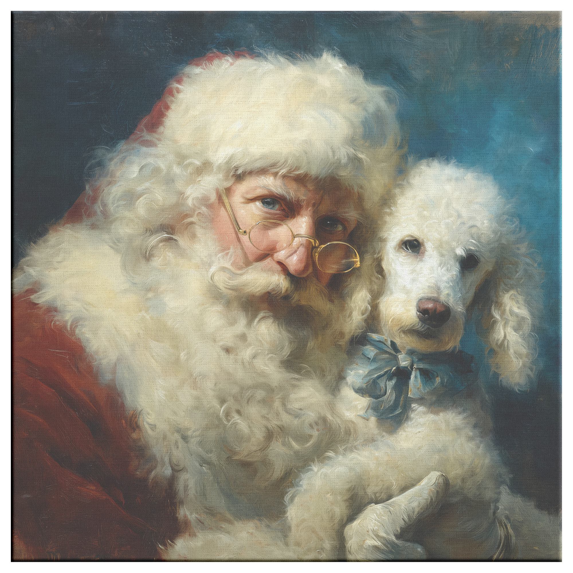 Vintage portrait—Santa holding a Poodle on canvas