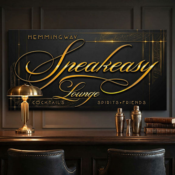 Vintage speakeasy bar sign for 'Hemingway Speakeasy Lounge' with cocktail shakers and a lamp on a bar counter.