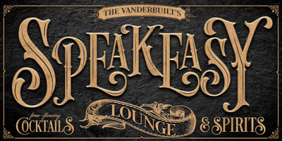 vintage speakeasy decor sign on black textured background with gold letters personalized.