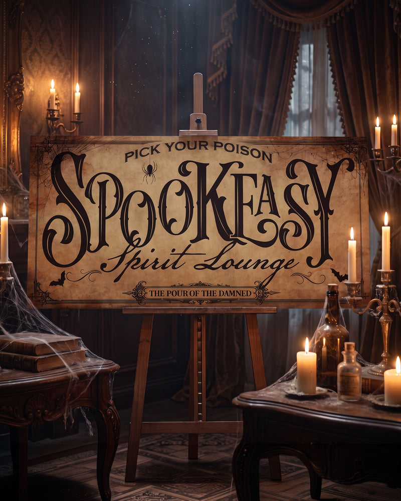 Spookeasy Halloween bar sign on a wood easel in a Victorian room with candelabra, cobwebs and old books