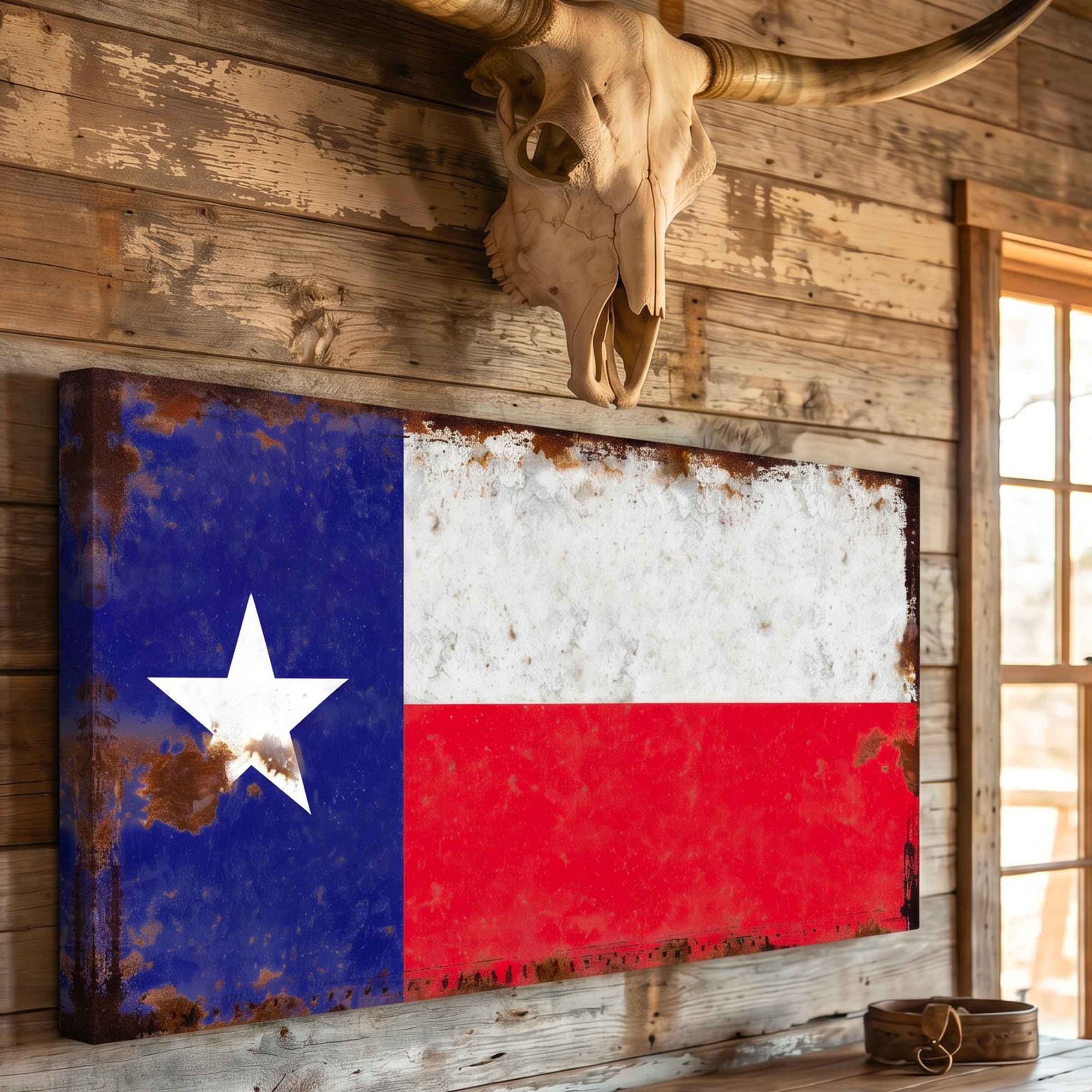 Vintage Texas flag wall art print featuring a distressed Texas flag with a weathered, rusted effect, displayed on a wooden wall below a cow skull.