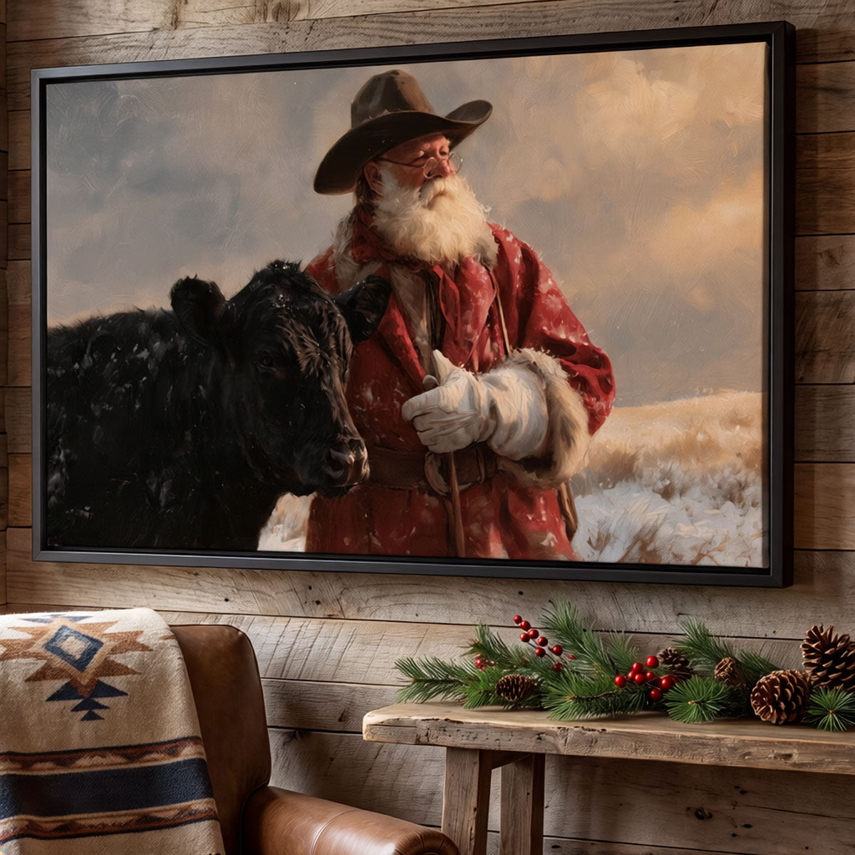 Cowboy Santa and black Angus canvas in a black frame on a rustic plank wall above a live edge console with pine and pinecones