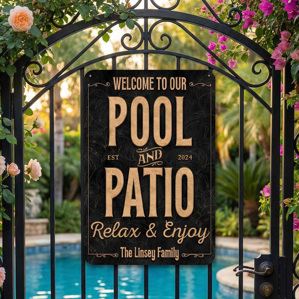 Decorative waterproof sign welcoming to pool and patio with garden and pool background