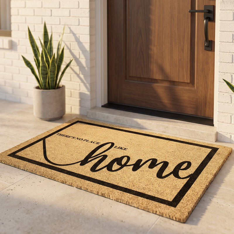Welcome home mat reading There's No Place Like Home at a wood door on a white brick porch