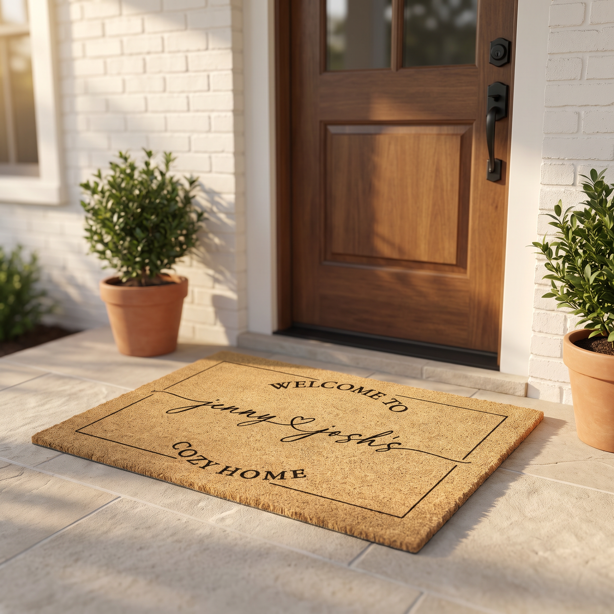 Welcome to Our Home doormat with two first names and a heart, on a stone porch at a wood door