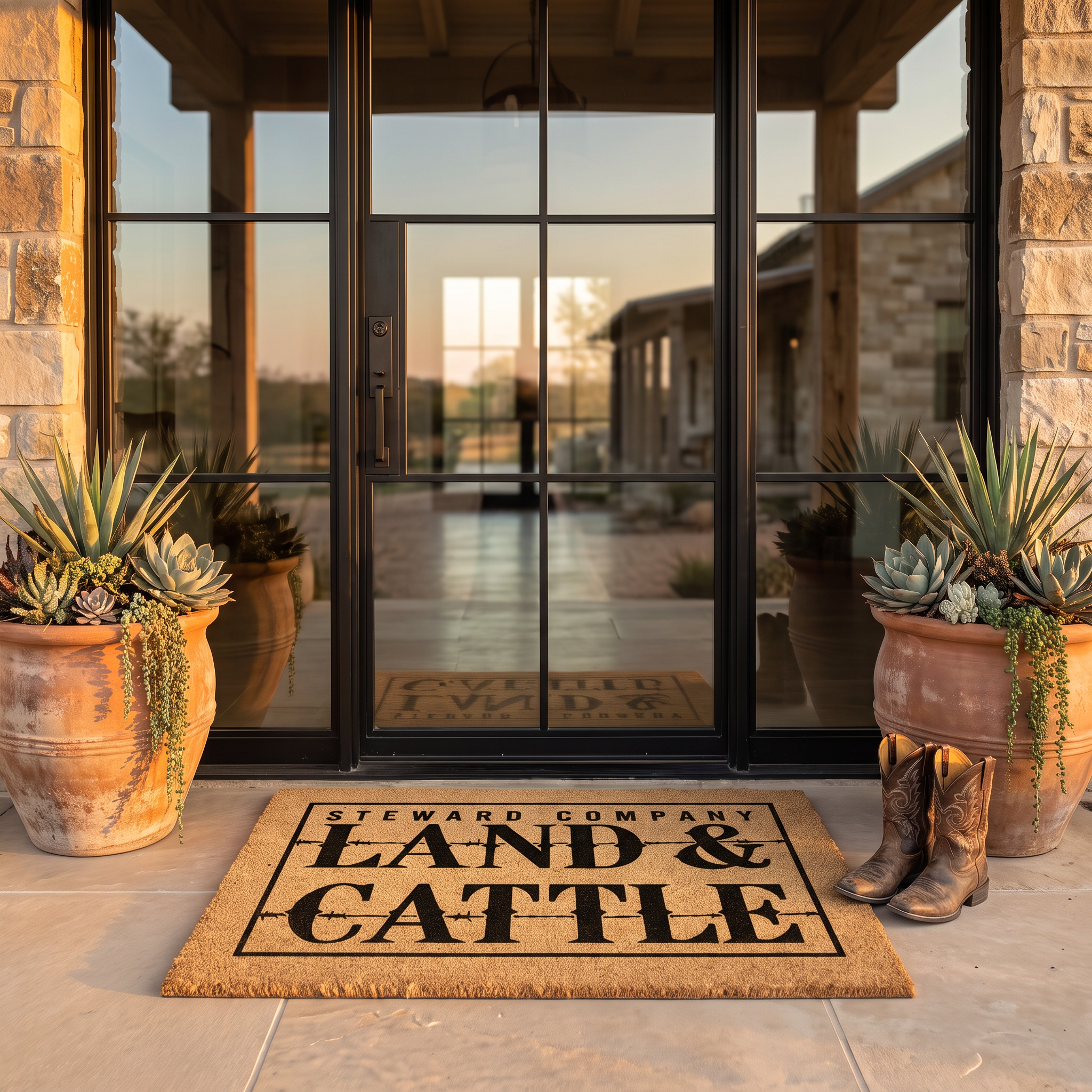 Western doormat reading Land and Cattle with a ranch name and barbed wire border, at a glass ranch entry