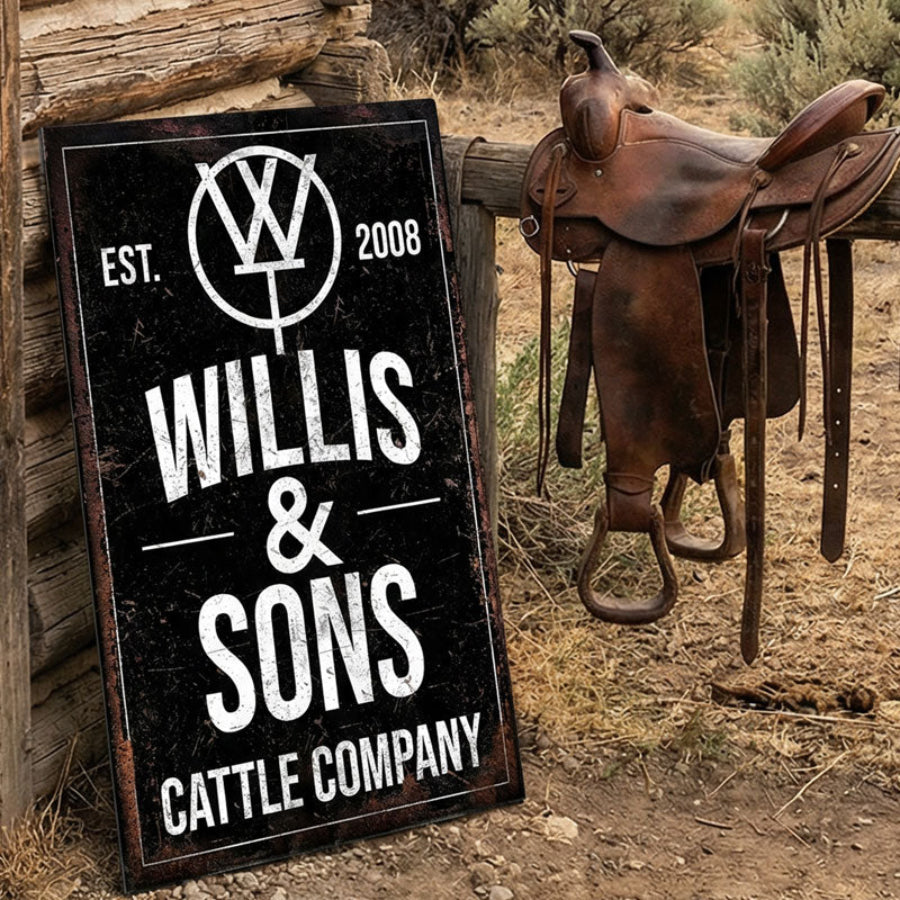 Western style personalized metal sign leaning on cabin next to saddle