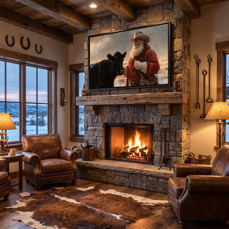 Western Santa canvas in a black frame above a lit stone fireplace in a ranch room with horseshoes and a mountain view