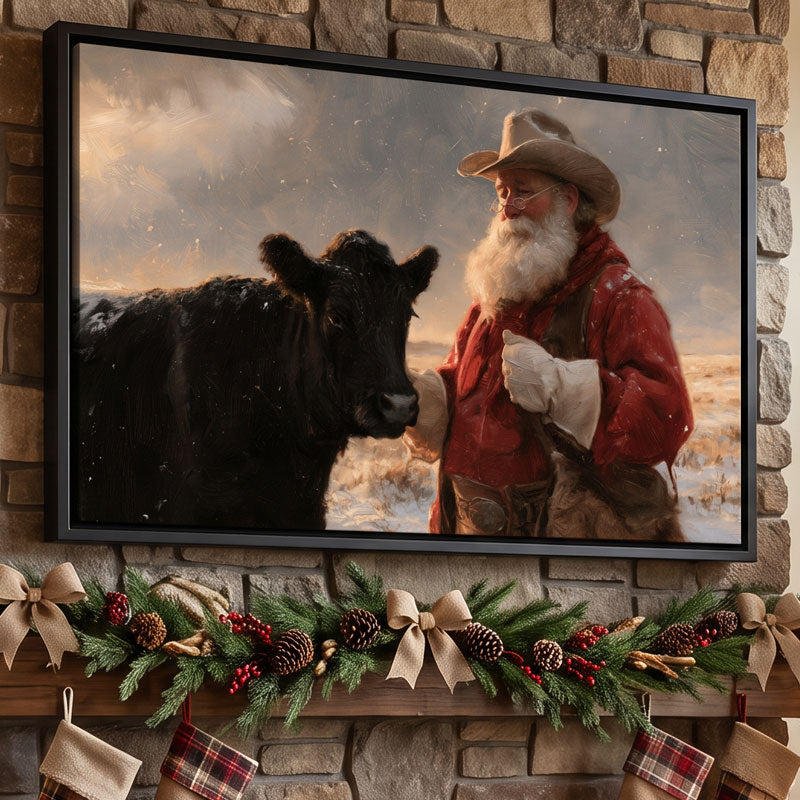 Western Santa and cattle canvas in a black frame on a stone fireplace with pine garland, burlap bows and stockings