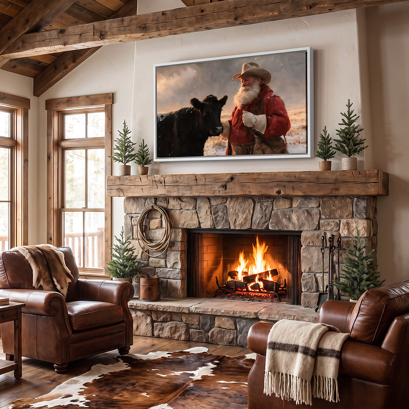 Western Santa and cattle canvas in a white frame above a stone fireplace in a lodge with potted pines and a lit fire