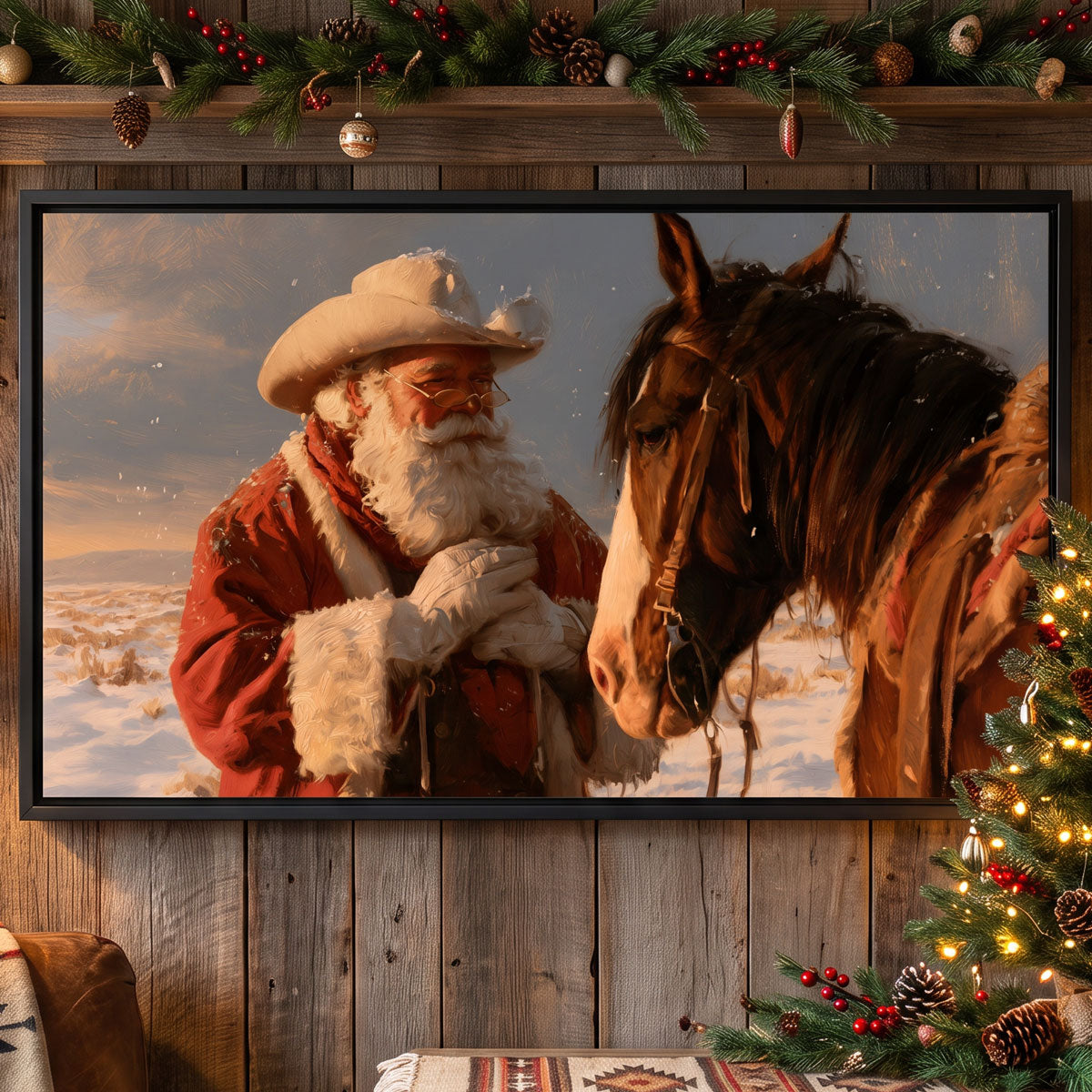 Cowboy Santa and his bay horse canvas in a black frame on barnwood with pine garland and a lit Christmas tree