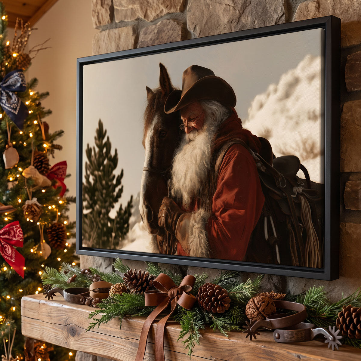 Cowboy Santa and his horse canvas in a black frame on a mantel with a lit Christmas tree, pinecones and spurs