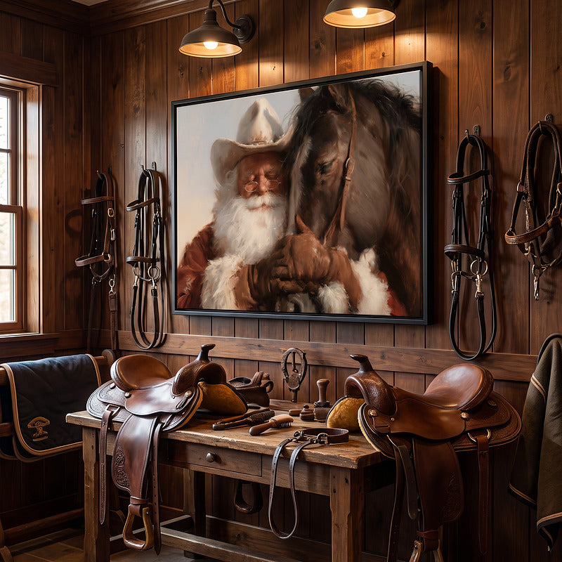 Cowboy Santa and his horse canvas in a black frame on a barn office wall above a saddle bench with hanging bridles