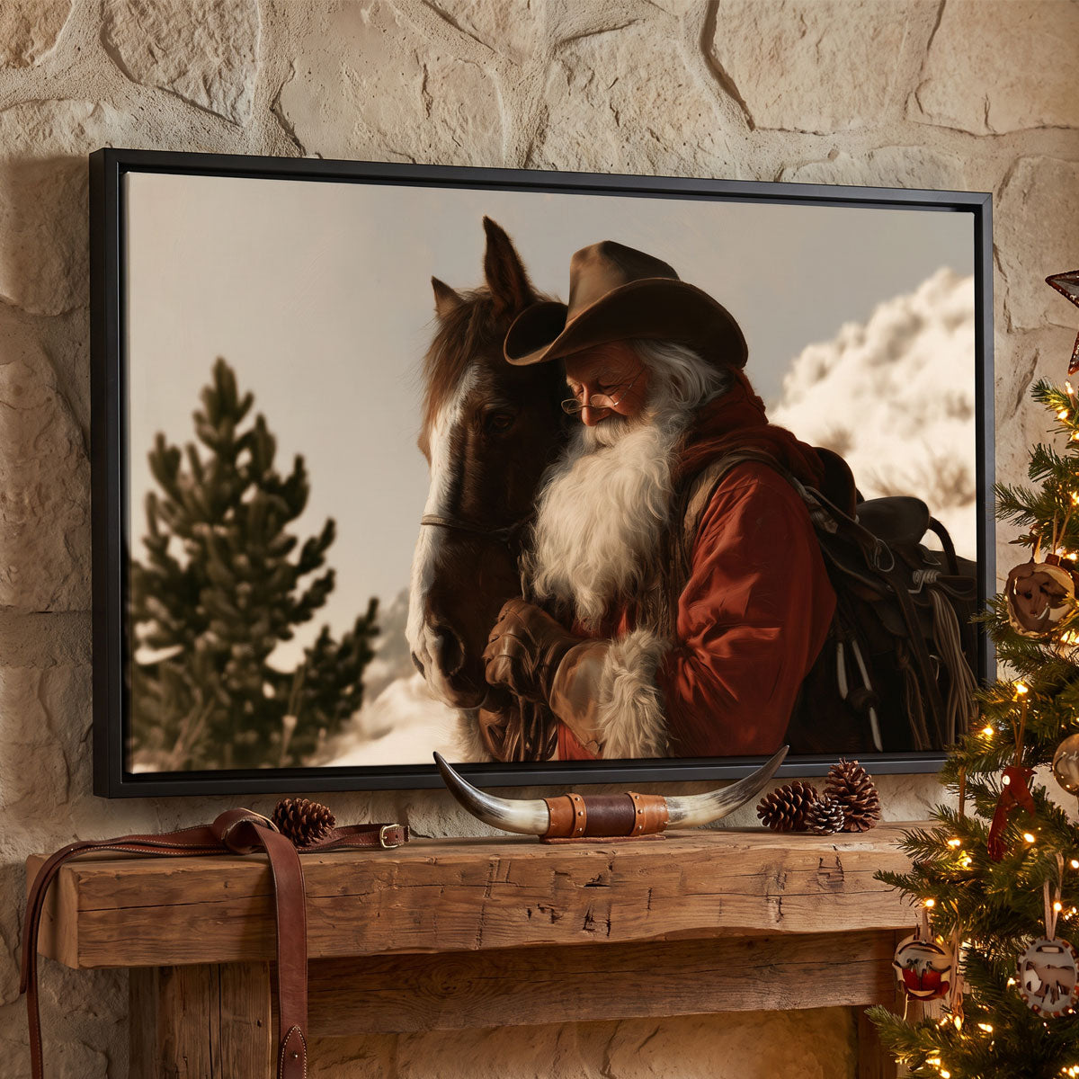 Cowboy Santa and his horse canvas on a stone fireplace mantel with longhorn horns and pinecones