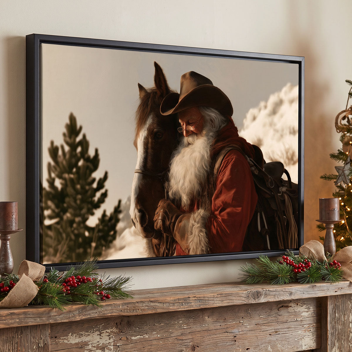 Cowboy Santa and his horse canvas in a black frame on a pale mantel with pine and red berries