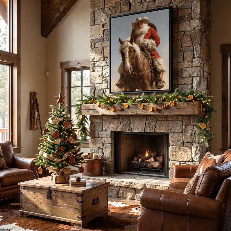Western Santa on horseback canvas in a black frame on a tall stone chimney in a lodge great room with a decorated tree