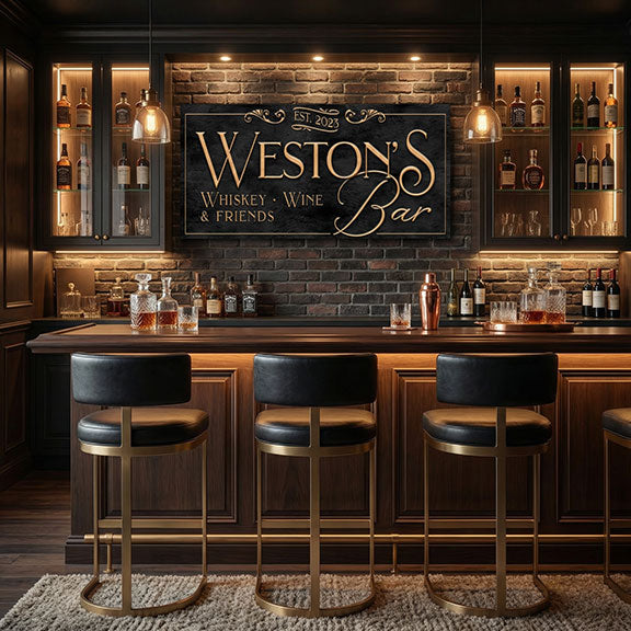 Bar setup with 'Weston's Whiskey - Wine & Friends' sign, bottles, and bar stools and a whiskey bar sign.