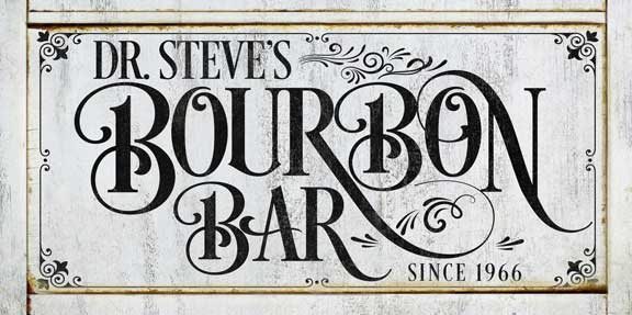 bourbon bar sign personalized on white faux distressed frame with the words Dr. Steves Bourbon bar