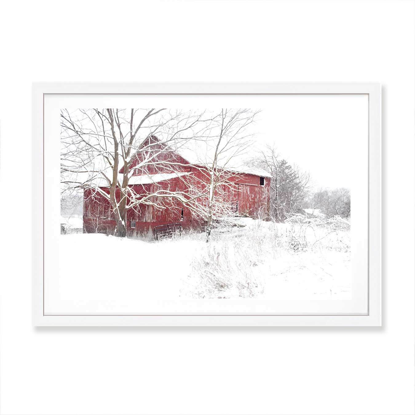 white frame red barn canvas photography