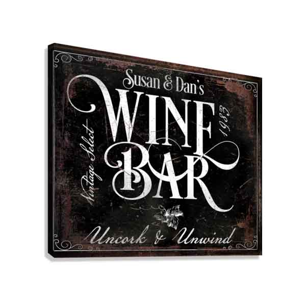 wine bar  sign on rustic black distressed background with the words Wine Bar with personalized name