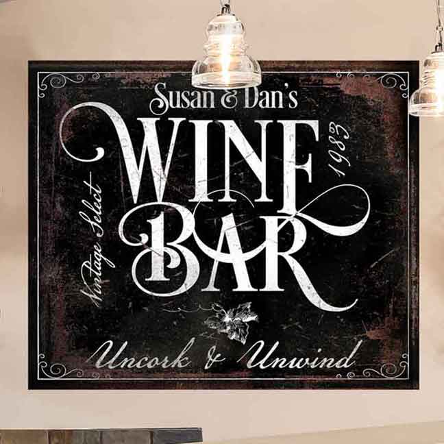 wine bar decor sign on rustic black distressed background with the words Wine Bar with personalized name