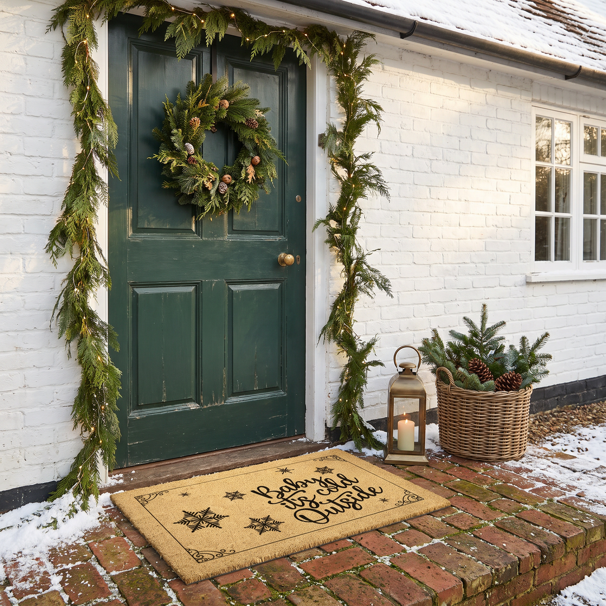 Winter coir welcome mat reading Baby It's Cold Outside at a green cottage door with garland and snow