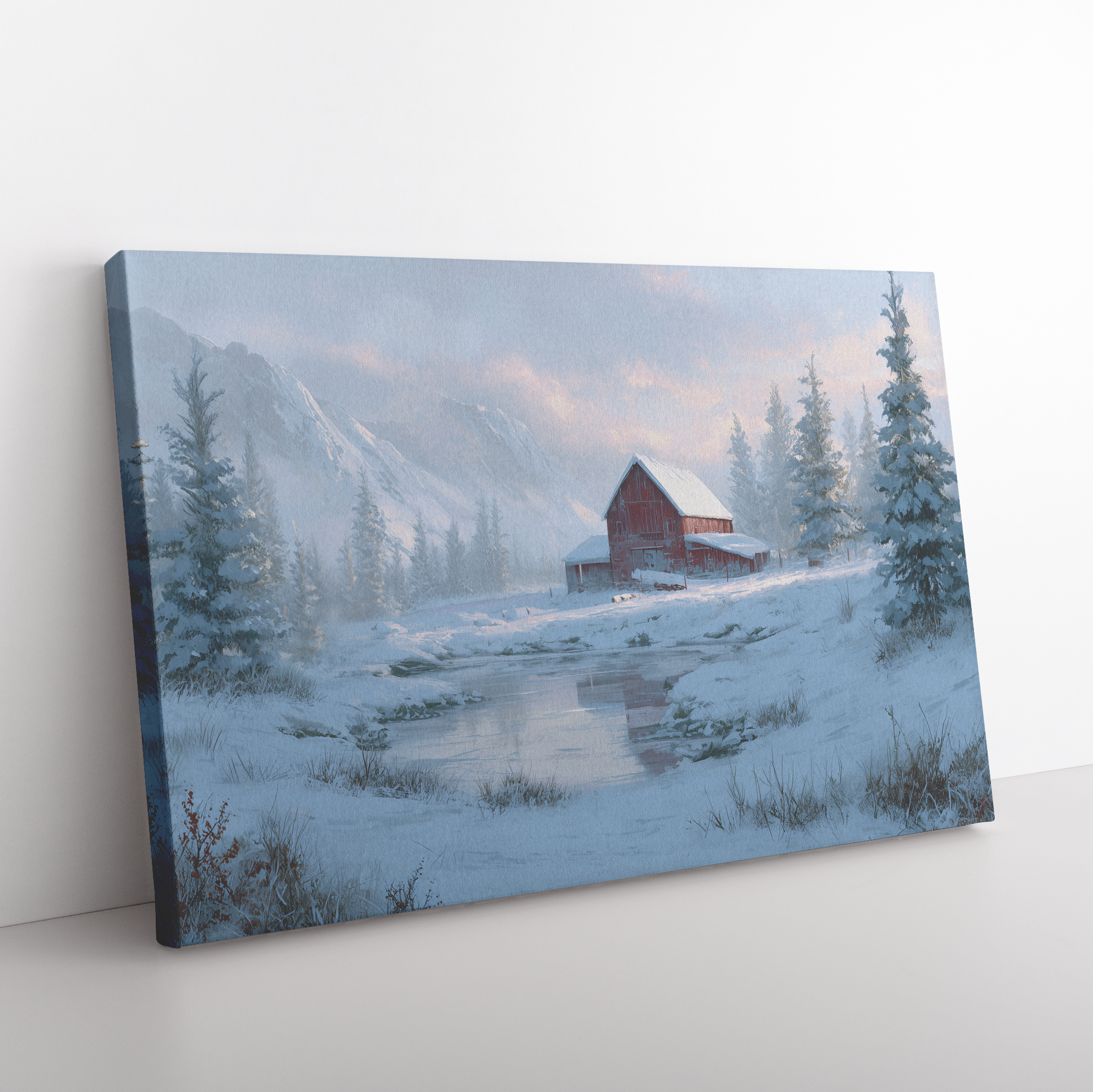 Winer wall art red barn in the mountains with snowy pond