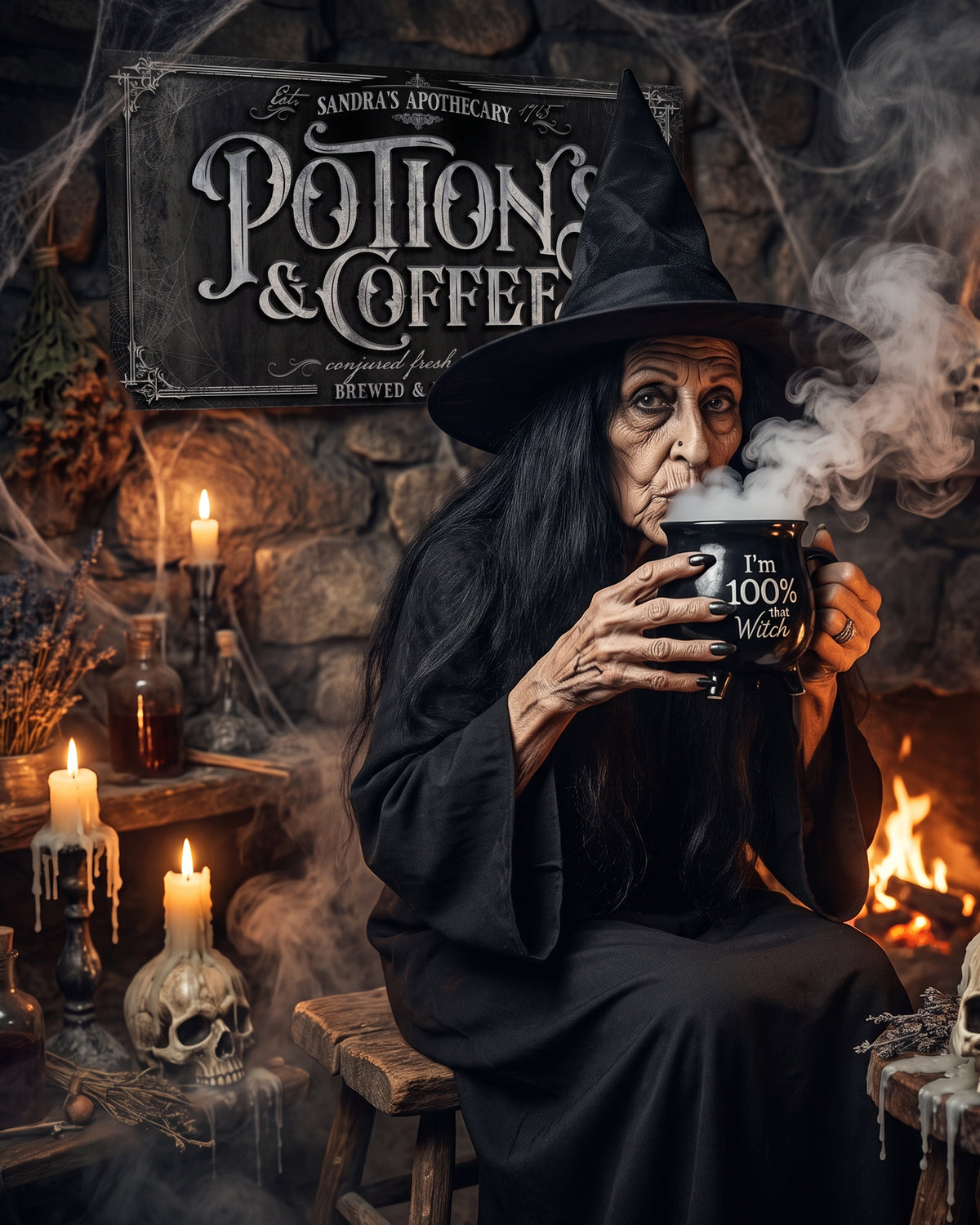 Witch drinking from a cauldron mug beneath a Potions and Coffee sign in a candlelit stone room