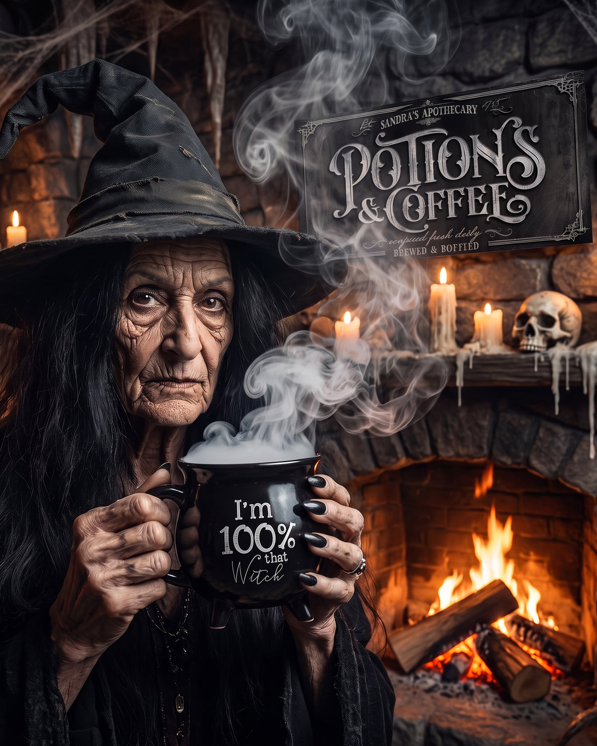Witch in a pointed hat with a steaming mug under a Potions and Coffee sign by candlelight