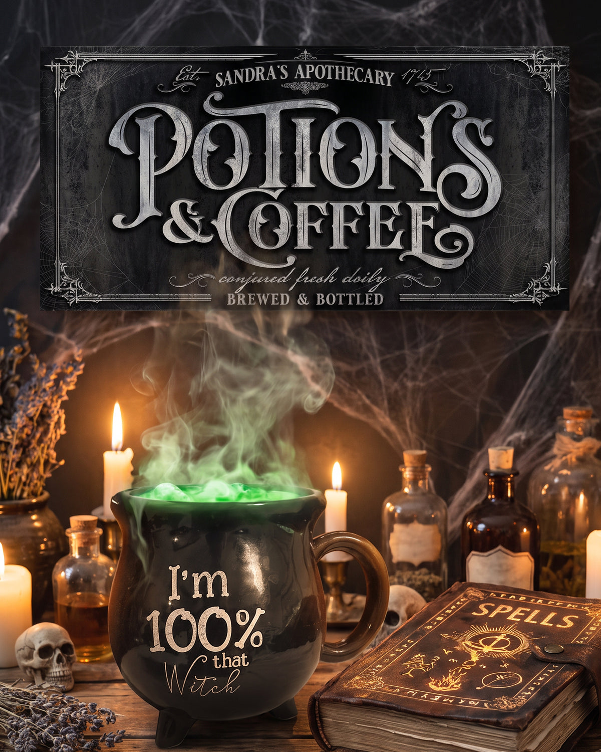 Potions and Coffee sign above a bubbling green cauldron mug with a skull, candles and a spell book