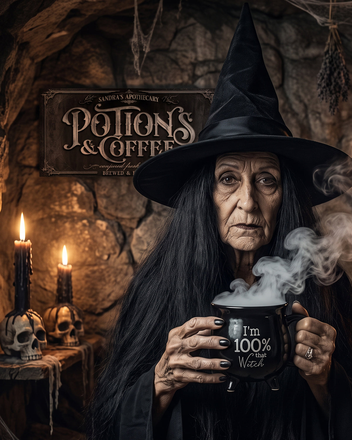 Witch holding a steaming mug beneath a Potions and Coffee sign by a stone fireplace