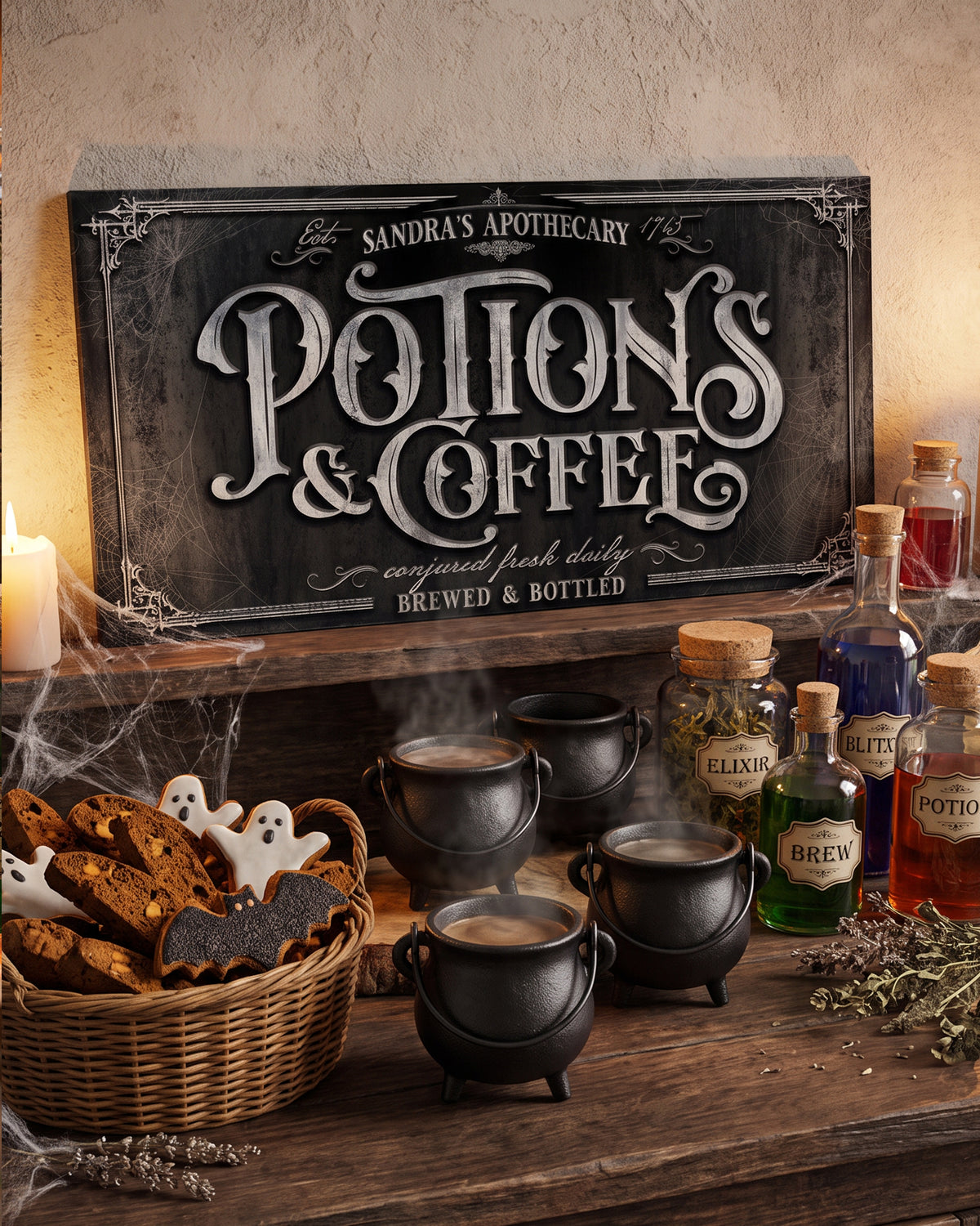 Potions and Coffee sign on a witches pantry shelf with cauldron mugs, biscotti and coloured potion bottles