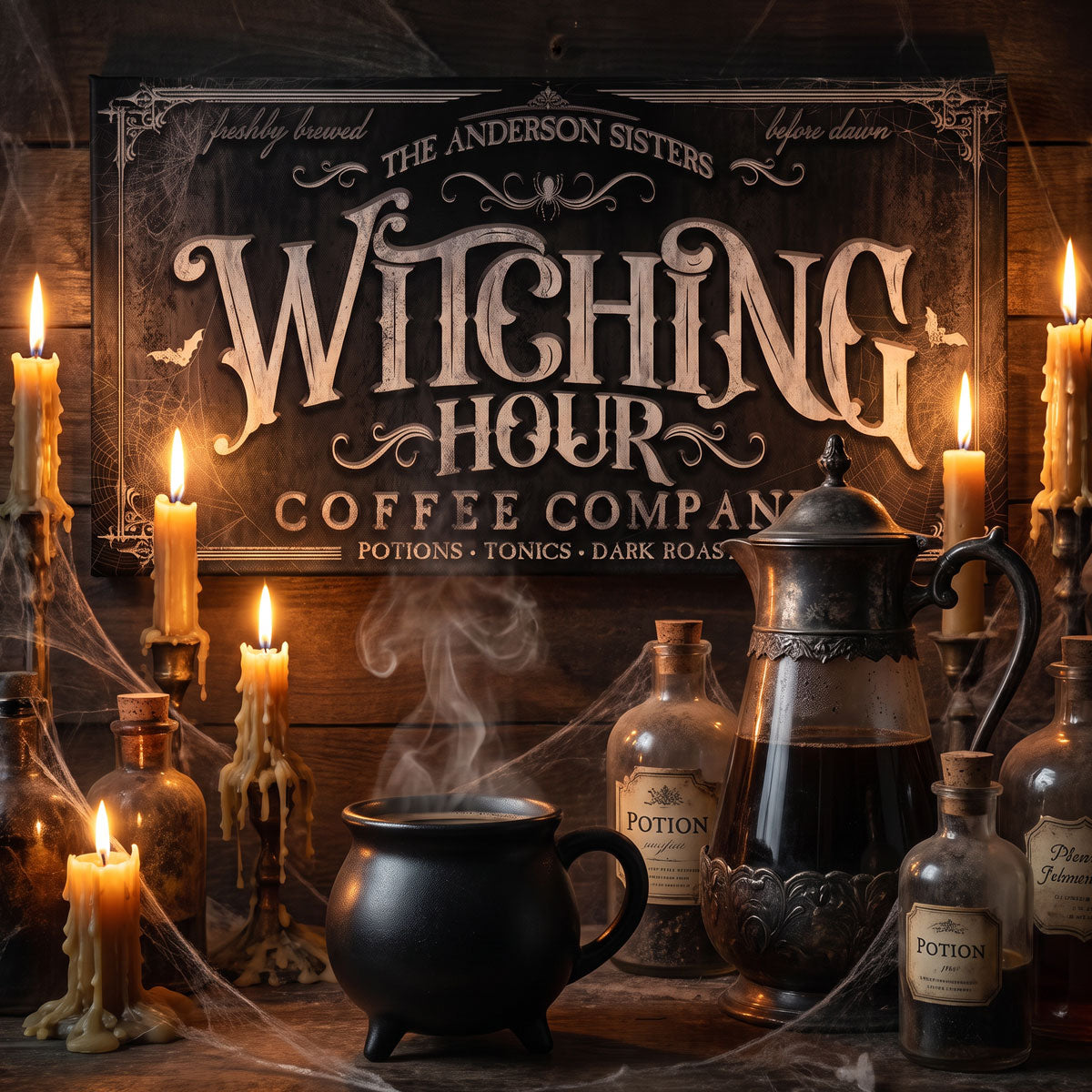 Witching Hour coffee sign behind a black cauldron mug, candles and potion bottles draped in cobwebs