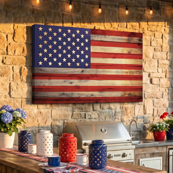American flag wall art in a kitchen setting with outdoor furniture and decor.