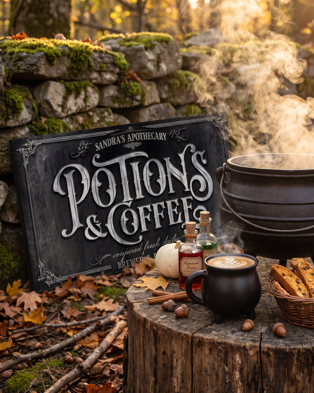 Potions and Coffee sign outdoors on mossy rock with a cauldron mug on a tree stump and autumn leaves