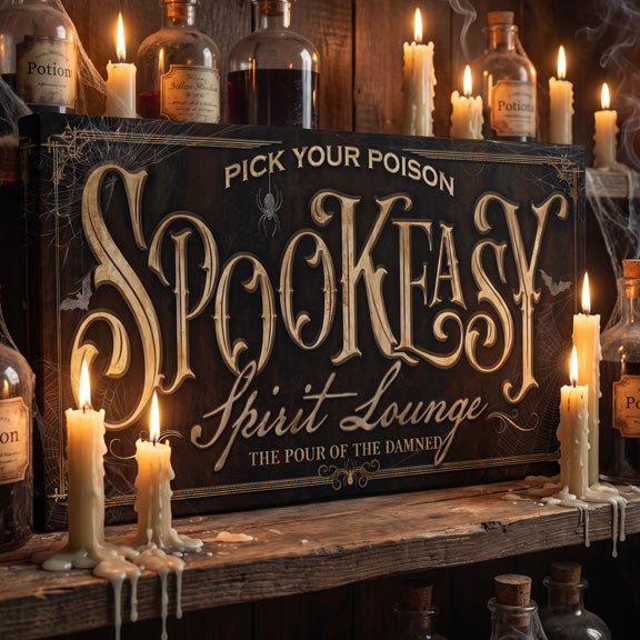 Worn gold Spookeasy Spirit Lounge Halloween bar sign with candles and apothecary potion bottles