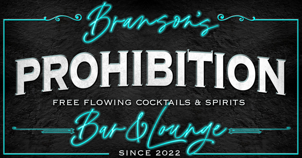 Prohibition Speakeasy Sign, on black stone with faux neon lights personalized for any bar or modern farmhouse decor