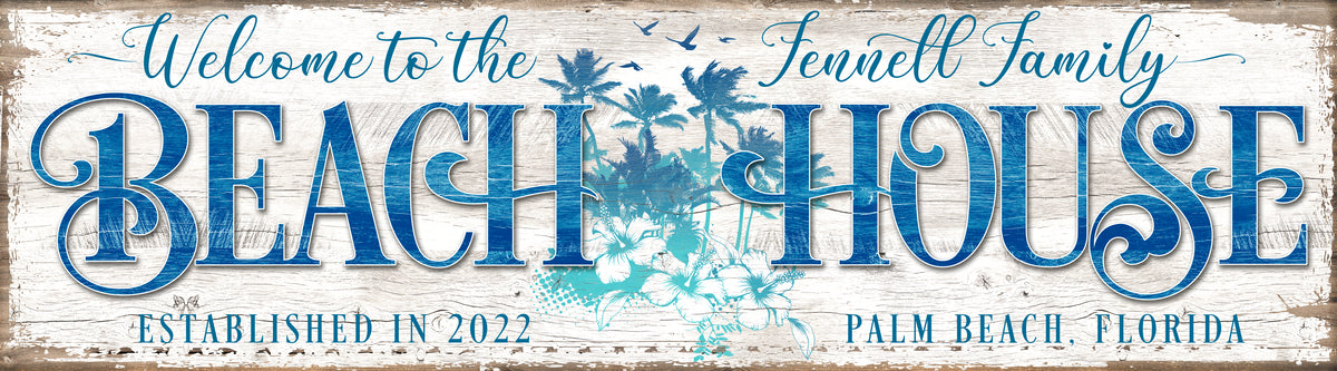 Welcome to the Beach house sign on white distressed background with blue words and palm tree.