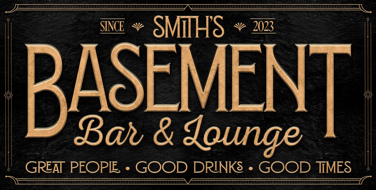 Bar Signs-personalized basement bar and lounge sign on black stone with the words Basement bar and lounge, great people, good drinks and good times