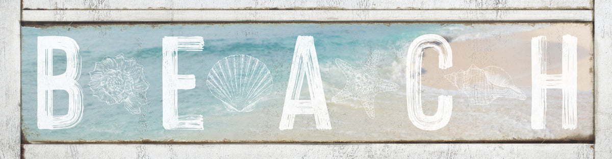 Beach house Sign on faux wood frame with the words [beach] with blue beach water and sand in background with shells between letters.